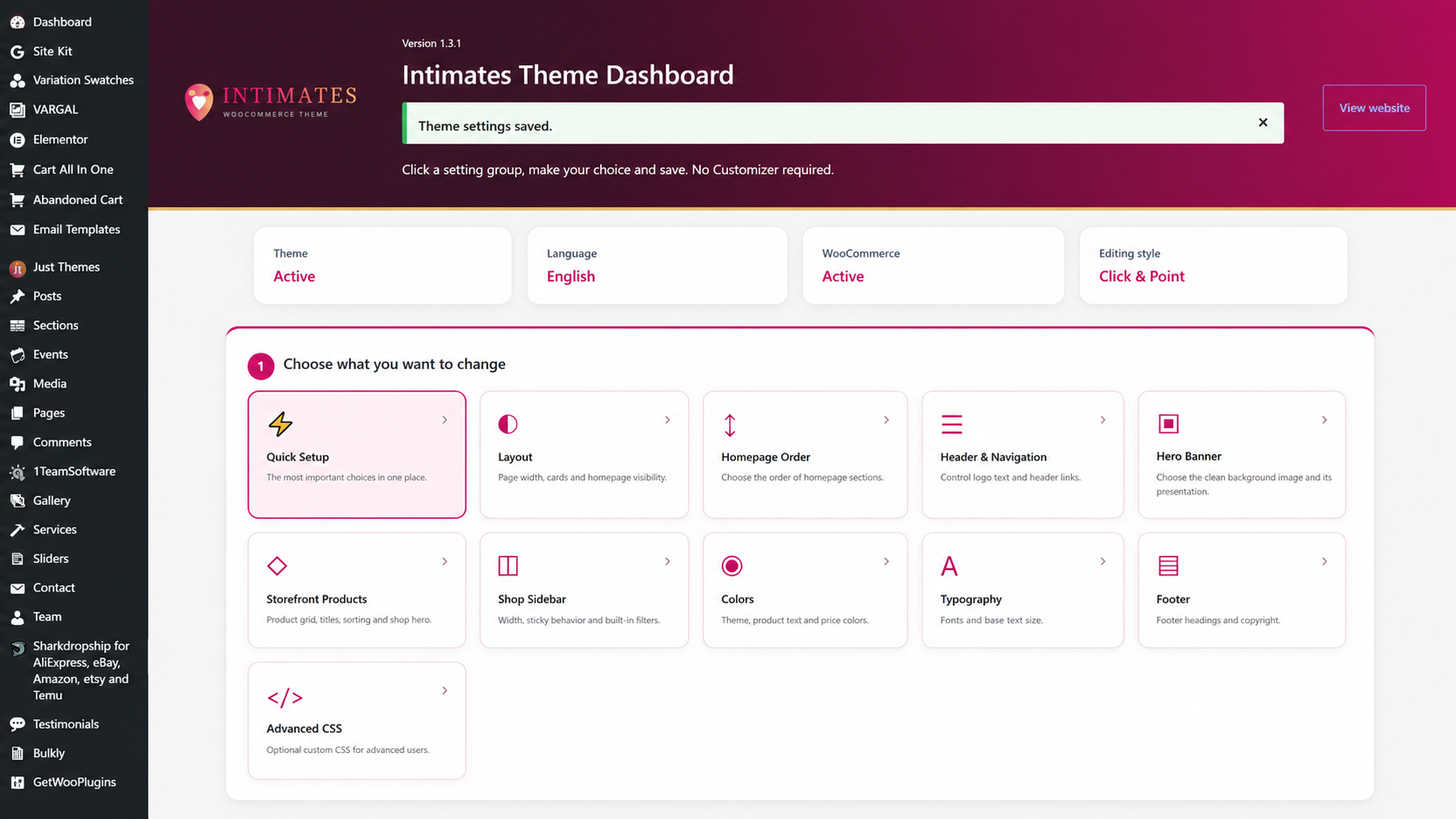 Intimates theme dashboard